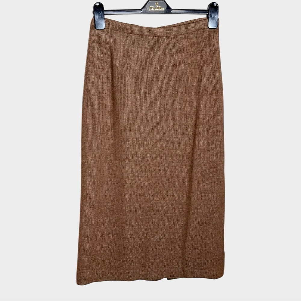 KORS Michael Kors Vintage Wool Blend Herringbone Brown Column Midi Skirt Size 8 - Picture 2 of 6